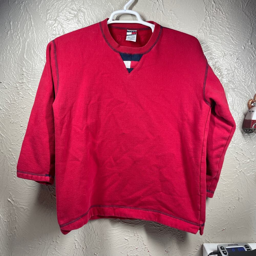 Vintage Tommy Hilfiger Red Fleece‎ Crewneck Sweatshirt womens 3/4 sleeve Size XL